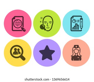 Search employees, Analytics chart and Star icons simple set. Face search, Report document and Hospital nurse signs. Staff analysis, Report analysis. Science set. Flat search employees icon. Vector