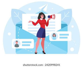 Search for employees. Businesswoman with megaphone. Attention announcement, important message. Loudspeaker or loud voice concept. Correspondence by email. Email marketing campaign. New email message