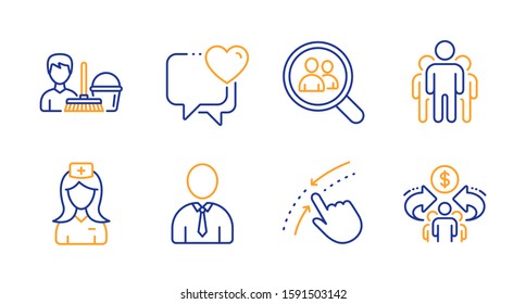 Search Employees, Cleaning Service And Heart Line Icons Set. Swipe Up, Hospital Nurse And Group Signs. Human, Sharing Economy Symbols. Staff Analysis, Bucket With Mop. People Set. Vector