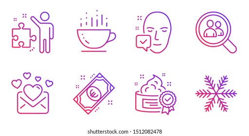 Search employees, Coffee cup and Cream line icons set. Love mail, Face accepted and Euro money signs. Strategy, Snowflake symbols. Staff analysis, Hot drink. Business set. Vector