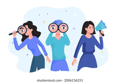 Search for employees concept. Women with a magnifying glass, binoculars and a megaphone announce the recruitment of people for a new position in the company. Free workplace. Flat vector illustration