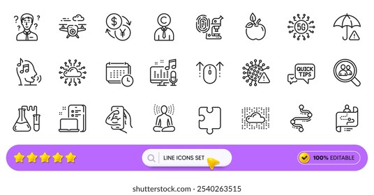 Empleados de Búsqueda, Copyrighter y Eco iconos de línea de alimentos para App de Web. Paquete de iconos de pictogramas de investigación de huellas dactilares, Podcast, Covid virus. Red en la nube, consultor de Asistencia, señales de línea de tiempo. Vector