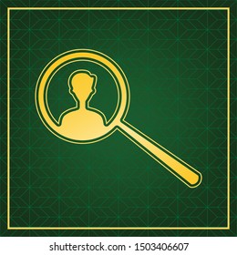 Search for employees and job. Golden icon with gold contour at dark green gridded white background. Illustration.