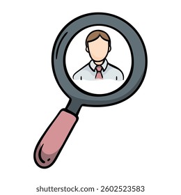 Search for employees. Man and magnifying glass. Vector icon isolated on white background. Illustration for banner, poster, flyer, print design,