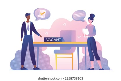 Search for employees. Man and woman discussing candidates for vacancy, hr manager at workplace. Expansion of staff of company or organization, recruitment concept. Cartoon flat vector illustration