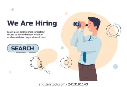 Search employees poster. Landing page design. We hiring, recruitment and headhunting. Businessman with binoculars. Company and organization look for workers. Cartoon flat vector illustration