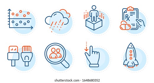 Search employees, Prescription drugs and Augmented reality signs. Computer cables, Touchscreen gesture and Dot plot line icons set. Rainy weather, Rocket symbols. Rj45 internet, Slide down. Vector