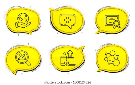 Search employees sign. Diploma certificate, save planet chat bubbles. Medical chat, Seo devices and Integrity line icons set. Medicine help, Mobile stats, Social network. Staff analysis. Vector