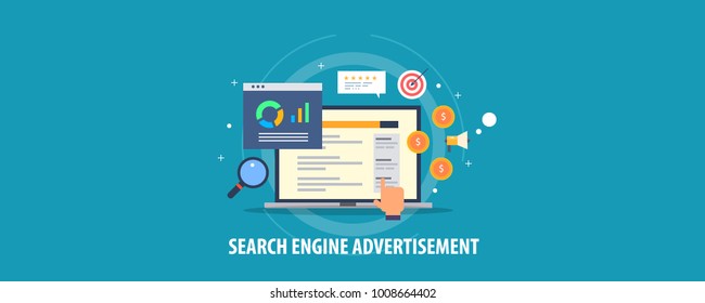 Search engine advertisement, pay per click concept, Search marketing flat design vector concept