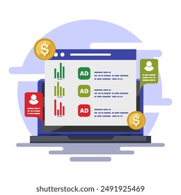 Suchen-Engine-Werbekampagnenkonzept, Suchmaschinen-Marketing-Werbeanalyse, bezahlte Kampagne, die den Traffic an eine Website sendet, Werbung, Marketing oder Promotion, Icon-Vektorillustration.