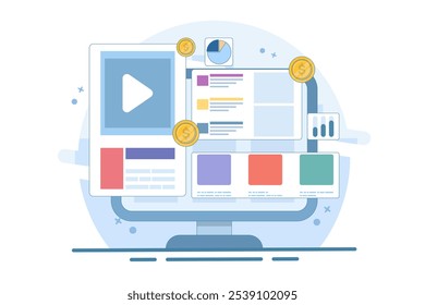 Suchmaschinen-Werbekampagne, eCommerce-Werbung auf Suchmaschinen, Suchmarketing-Konzept, Pay per Click, Werbeanalyse, flache Vektorgrafik auf Hintergrund.
