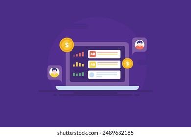 Search engine advertising campaign, Search engine marketing advertising analytics, Paid campaign sending traffic to website - vector illustration with icons