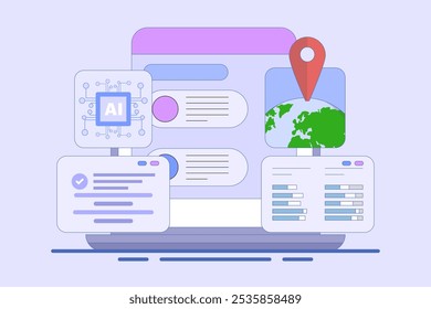 Mecanismo de busca AI Assistance Concept, AI sugere resultados de busca a partir do motor de busca, inteligência artificial chatbot para ajudar o usuário, ilustração vetor plana no fundo.