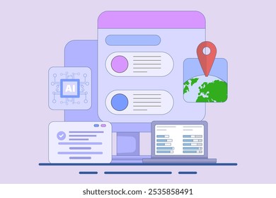 El concepto de asistencia de inteligencia artificial del motor de Búsqueda, AI sugiere Resultados de búsqueda del motor de búsqueda, chatbot de inteligencia artificial para ayudar al usuario, Ilustración vectorial plana en el fondo.