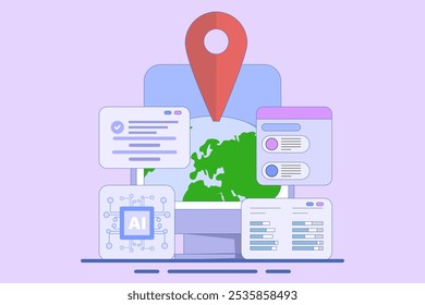 Search engine AI Assistance Concept, AI suggests search results from search engine, Artificial intelligence chatbot to help user, flat vector illustration on background.