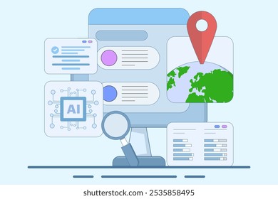 Search engine AI Assistance Concept, AI suggests search results from search engine, Artificial intelligence chatbot to help user, flat vector illustration on background.