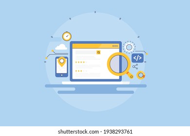 Search engine algorithm, relevant search result, algorithm change - creative concept vector illustration with icons