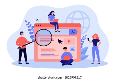 Search engine answering users questions. People using laptops and phones for online query. Flat vector illustration for advertising, SEO work, website promotion concept