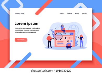 Search engine answering users questions. People using laptops and phones for online query. Flat vector illustration for advertising, SEO work, website promotion concept