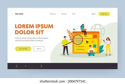 Search engine answering users questions. People using laptops and phones for online query. Flat vector illustration for advertising, SEO work, website promotion concept