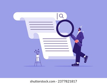 Search engine answering users questions concept. Search engine bar with businessman hold magnifying glasses surfing internet, analyzing queries, keywords