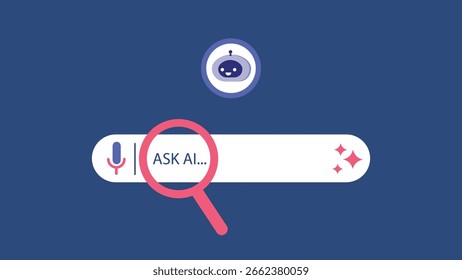 Barra do motor de busca e robô. Chatbot e assistente de IA. Conceito de inteligência artificial. Prompt de entrada como comandos para pesquisa e análise pelo AI.