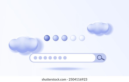 Search engine bar. Searching bar background. Mobile search window. Cartoon web interface with 3d clouds. Finding information online concept. Vector illustration.