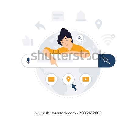 Search engine, browsing, online, search bars, seo analytic. Woman pointing at web browser online search engine bars seo optimization concept illustration
