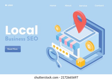 Search engine business listing, Local business optimization, business near me, local reviews - 3D isometric vector illustration with icons