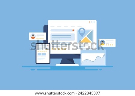 Search engine business listing, Business listing on search result, local businesses with customer reviews, Business near me concept - vector illustration banner with icons