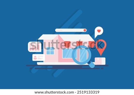 Search engine business listing, SEO for business listing, Offline shop listed on search engine result page, SEO optimization for local store - vector illustration with icons