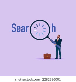 The search engine. Businessman holds a magnifying glass for searching. Business deal.  Flat vector illustration.