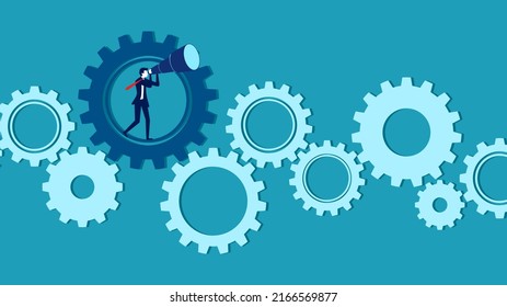 Motor de búsqueda. Empresario que utiliza binoculares en los engranajes. vector de concepto de negocio