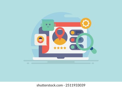 Mecanismo de busca com assistência de bate-papo, Mecanismo de busca exibindo o resultado de busca impulsionado pela IA, Inteligência artificial integrada com mecanismo de busca - Vetor ilustração fundo com ícones