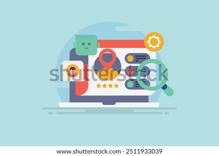 Search engine with Chat assistance, Search engine displaying AI driven search result, Artificial intelligence integrated with search engine - Vector illustration background with icons