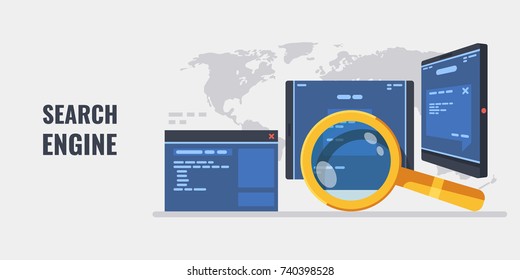 Concepto de motor de búsqueda con página web de cristal de aumento de oro tableta smartphone sobre el fondo del mapa mundial, banner de información de investigación, aplicaciones de dispositivos móviles 3d ilustración plana vectorial