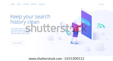 Search engine concept in isometric vector design. Female browsing mobile internet on smartphone. SEO or global website browser access. Web banner layout template.