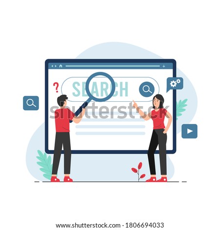 Search engine concept for landing page. People holding magnifying glass over search bar