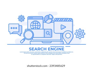 Search engine concept with laptop, search bar, and search results flat vector illustration for web banner, website landing page, Search engine optimization, SEO marketing analytics