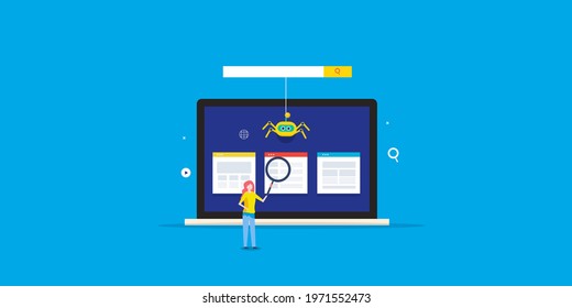 Search engine crawler, Search engine indexing, search engine spiders, Search engine algorithm - flat design vector illustration with icons and character