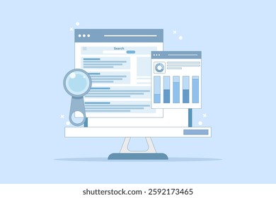 search engine data analysis concept, SEO tools, SEO software, digital marketing analysis report. Data analysis and optimization for SEO, marketing research. flat vector illustration on background.