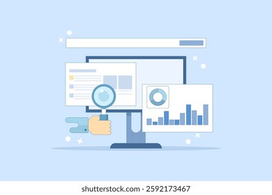 search engine data analysis concept, SEO tools, SEO software, digital marketing analysis report. Data analysis and optimization for SEO, marketing research. flat vector illustration on background.