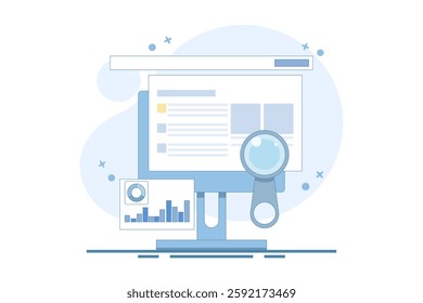 search engine data analysis concept, SEO tools, SEO software, digital marketing analysis report. Data analysis and optimization for SEO, marketing research. flat vector illustration on background.