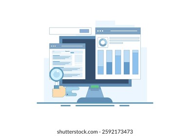 search engine data analysis concept, SEO tools, SEO software, digital marketing analysis report. Data analysis and optimization for SEO, marketing research. flat vector illustration on background.