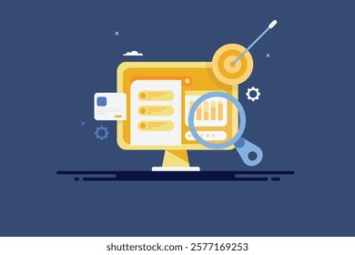 search engine data analysis, SEO strategy for online business, Search engine target marketing - vector illustration background with icons