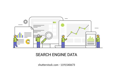 Datos del motor de Búsqueda - estrategia de marketing de datos - Fondo de Ilustración vectorial de línea plana de datos SEO