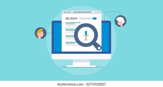 Search engine displaying results on voice command, Voice search optimization for the web, flat design vector illustration with icons