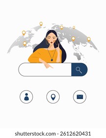 Search Engine. A girl points to the search box with her hand against a background of a world map. Vector illustration. Travel and business trips.