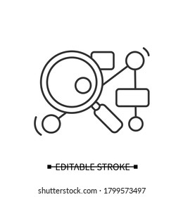 Search engine icon. Linked data structures under magnifying glass. Concept pictogram of SEO, web page indexing and data analysis. Editable stroke line vector illustration for digital marketing and ui 
