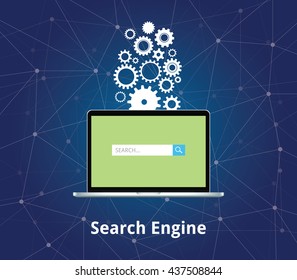 search engine laptop with searching box and gear as background vector graphic illustration